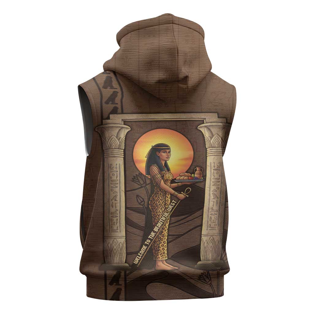 Imenet Sunlit Temple Columns Sleeveless Zip Hoodie with Ancient Egyptian Offering Scene