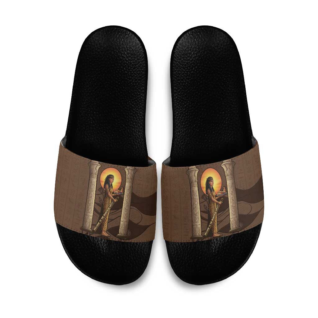 Imenet Sunlit Temple Columns Slide Sandals with Ancient Egyptian Offering Scene