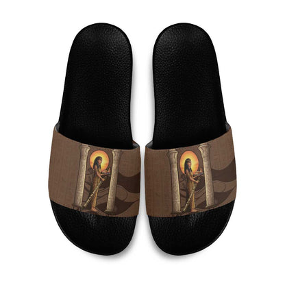 Imenet Sunlit Temple Columns Slide Sandals with Ancient Egyptian Offering Scene
