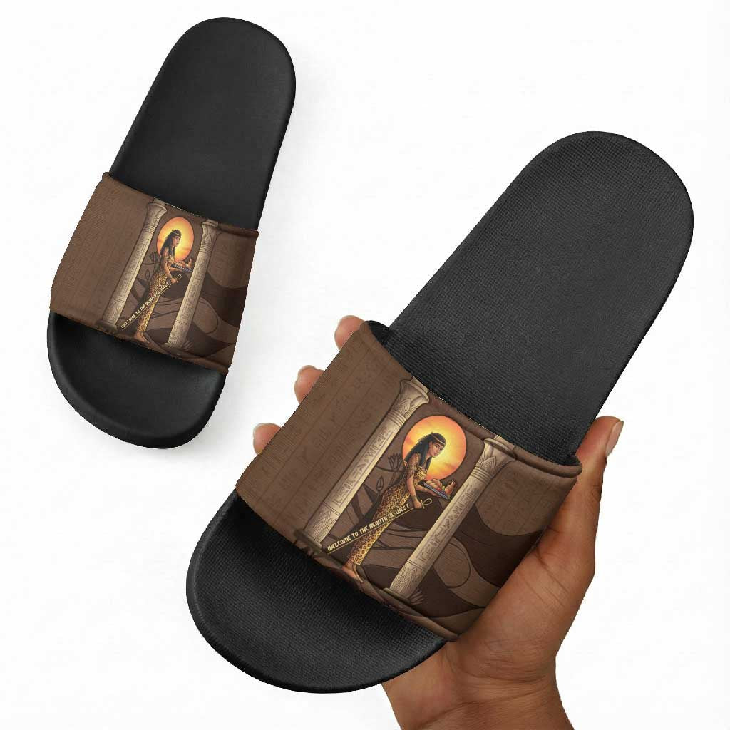 Imenet Sunlit Temple Columns Slide Sandals with Ancient Egyptian Offering Scene