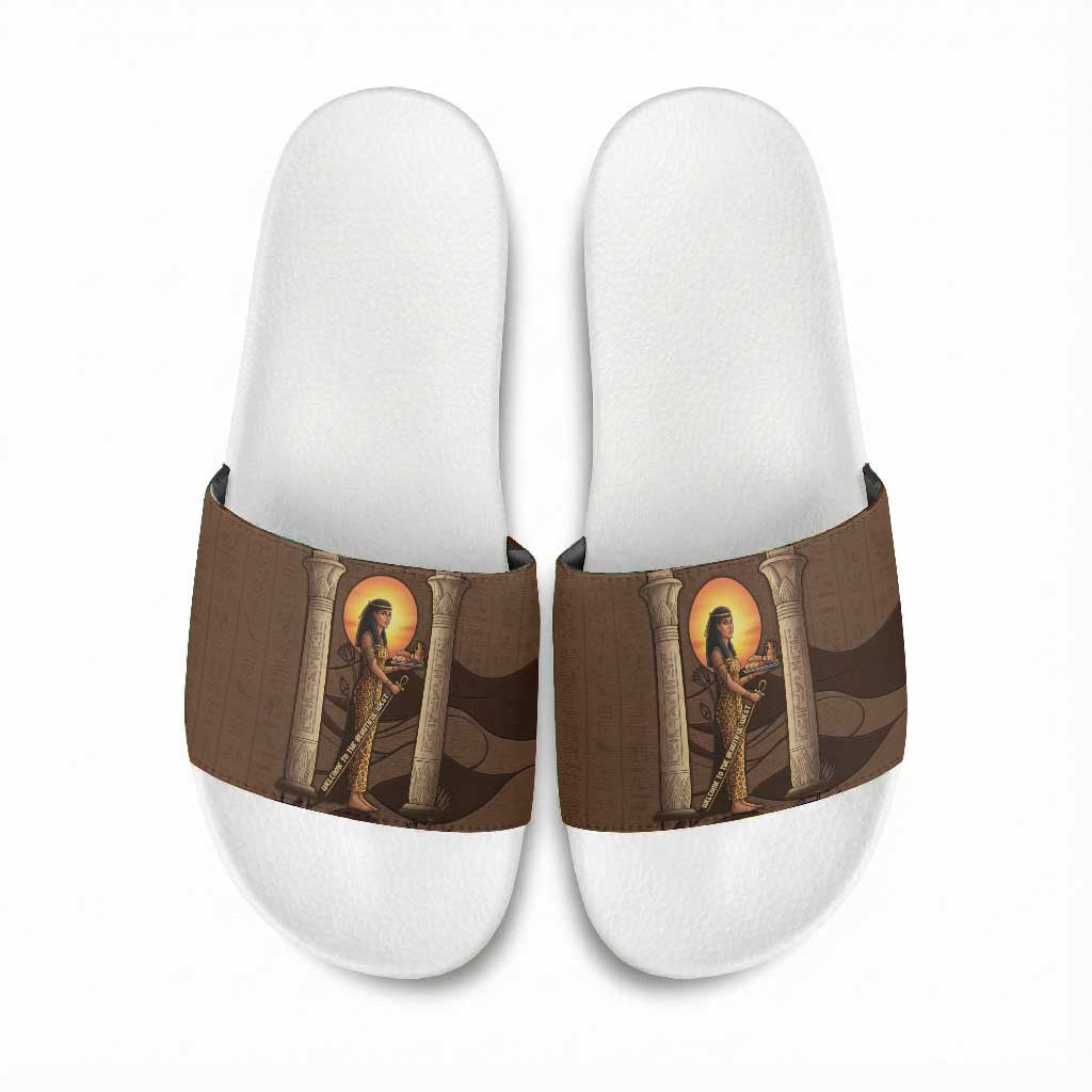 Imenet Sunlit Temple Columns Slide Sandals with Ancient Egyptian Offering Scene