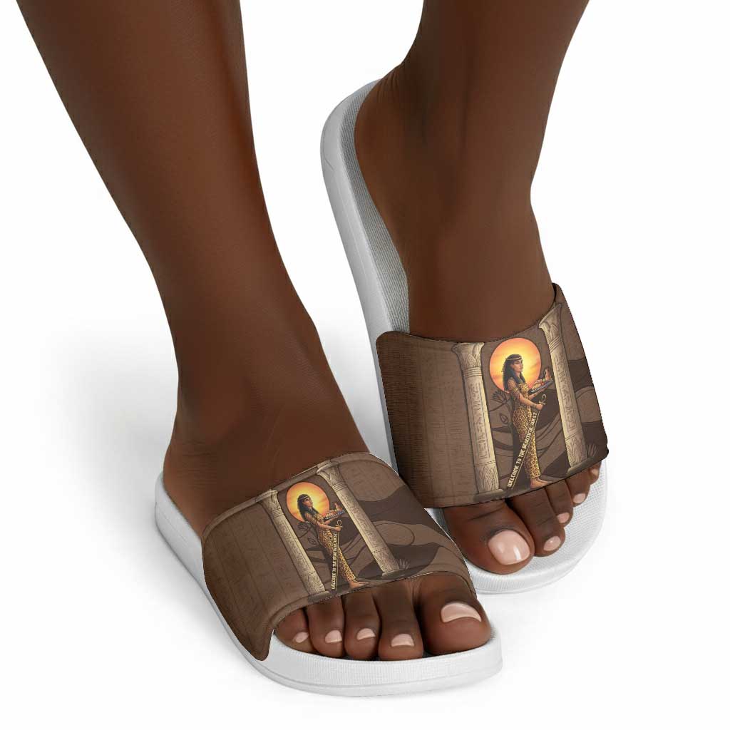 Imenet Sunlit Temple Columns Slide Sandals with Ancient Egyptian Offering Scene