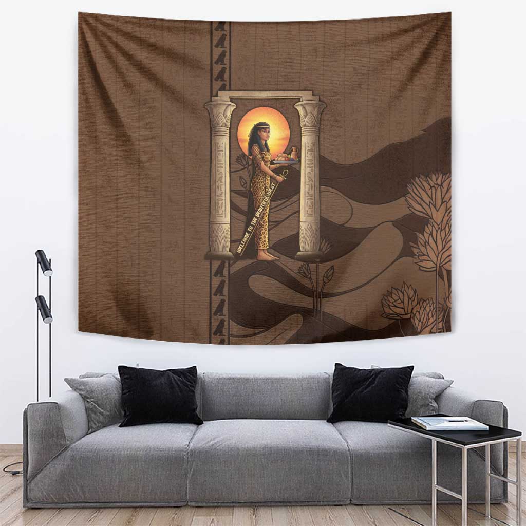 Imenet Sunlit Temple Columns Tapestry with Ancient Egyptian Offering Scene