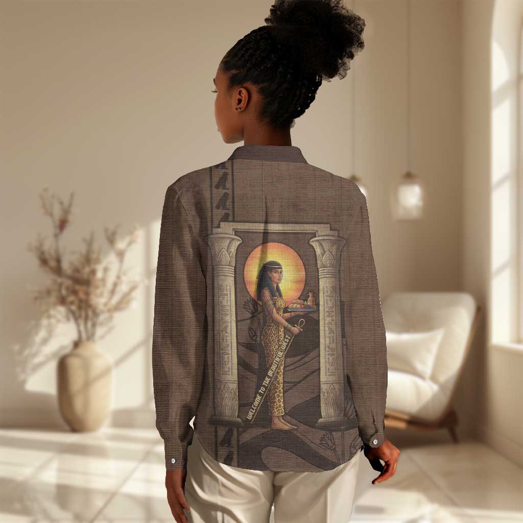 Imenet Sunlit Temple Columns Women Casual Shirt with Ancient Egyptian Offering Scene