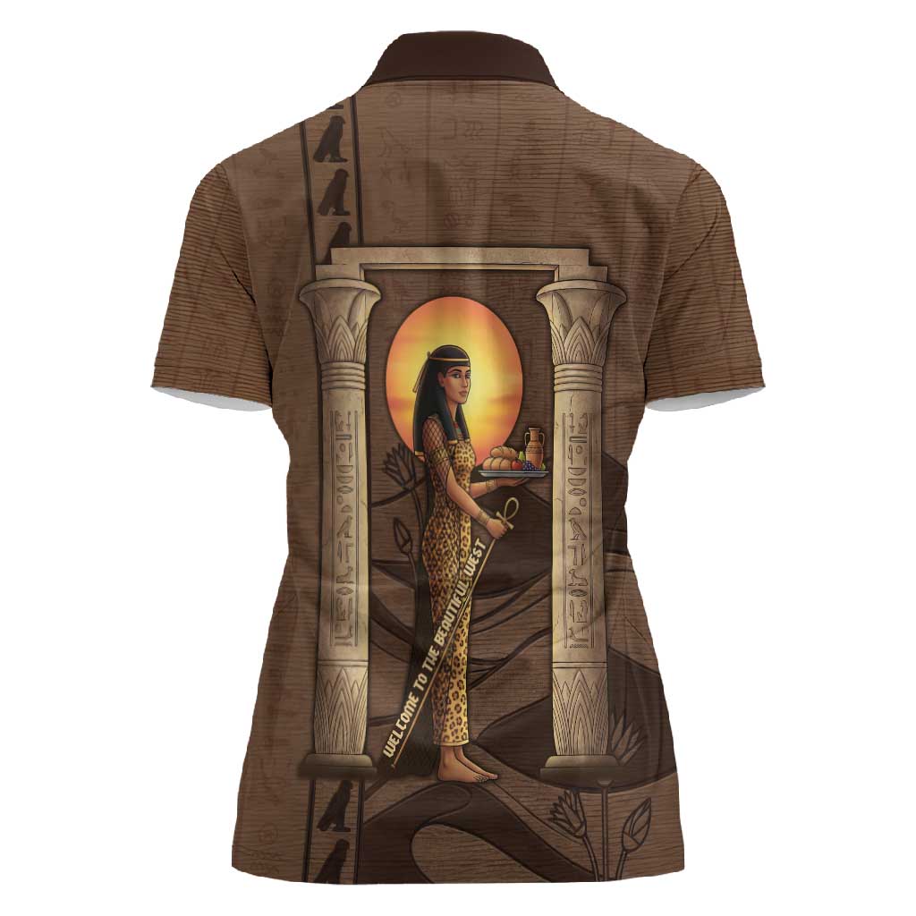 Imenet Sunlit Temple Columns Women Polo Shirt with Ancient Egyptian Offering Scene