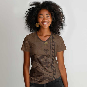 Imenet Sunlit Temple Columns Women V-Neck T-Shirt with Ancient Egyptian Offering Scene