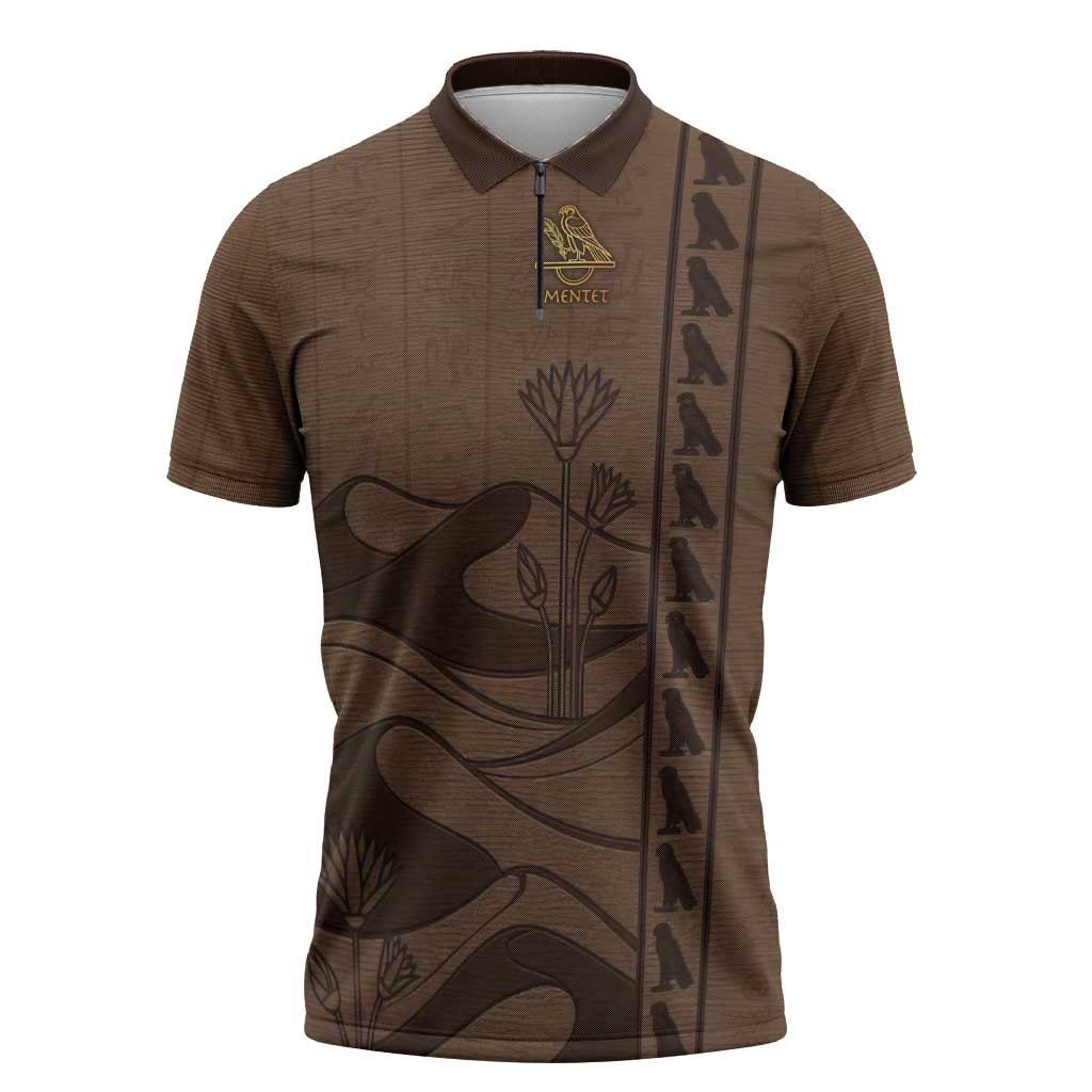 Imenet Sunlit Temple Columns Zipper Polo Shirt with Ancient Egyptian Offering Scene
