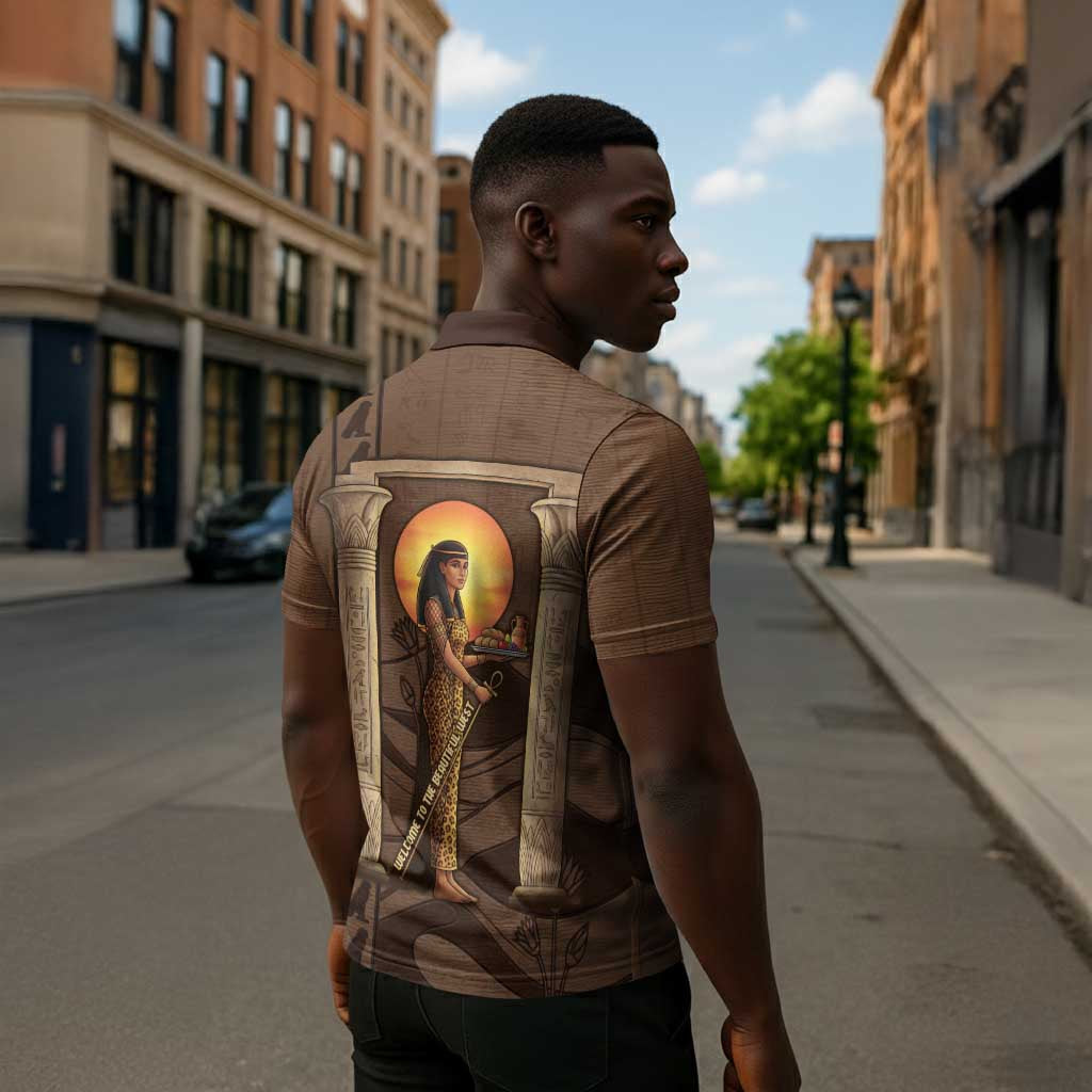Imenet Sunlit Temple Columns Zipper Polo Shirt with Ancient Egyptian Offering Scene