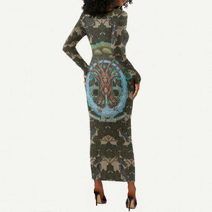 Imentet Egyptian Long Sleeve Bodycon Dress with Eye of Horus and Eternal Tree in Afterlife