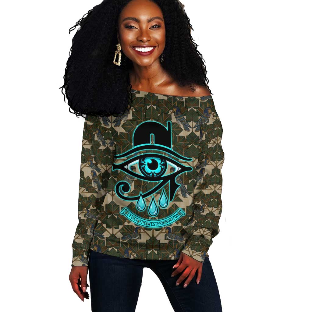 Imentet Egyptian Off Shoulder Sweater with Eye of Horus and Eternal Tree in Afterlife