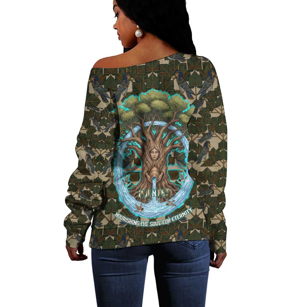 Imentet Egyptian Off Shoulder Sweater with Eye of Horus and Eternal Tree in Afterlife