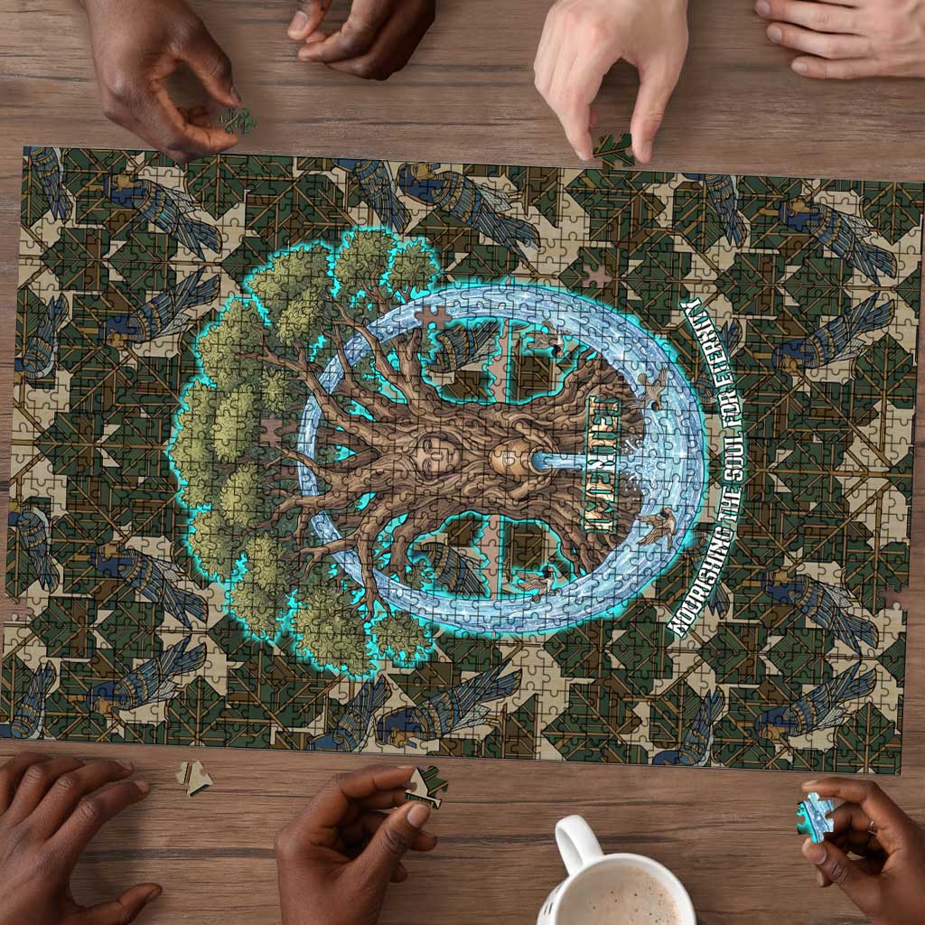 Imentet Egyptian Puzzle with Eye of Horus and Eternal Tree in Afterlife