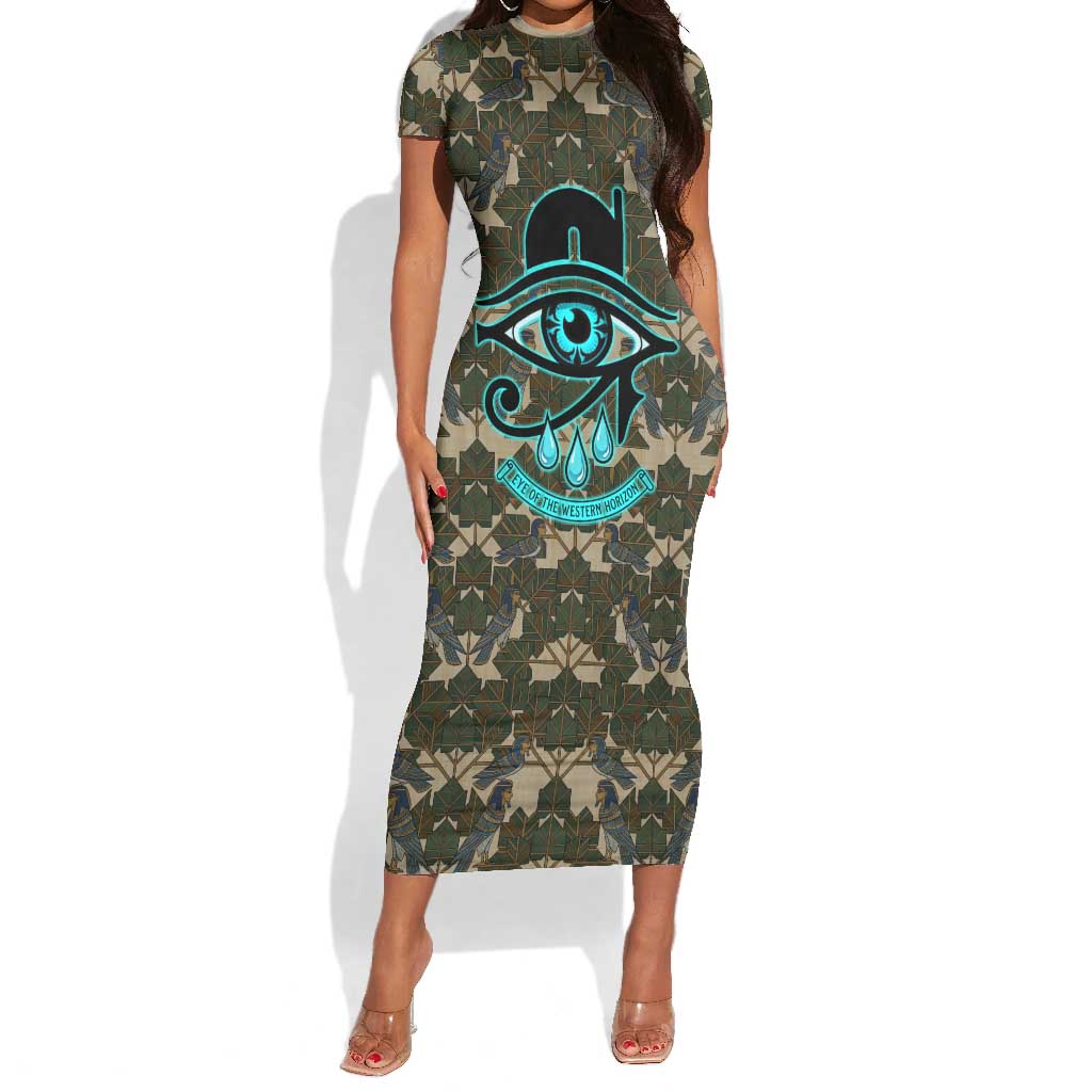 Imentet Egyptian Short Sleeve Bodycon Dress with Eye of Horus and Eternal Tree in Afterlife