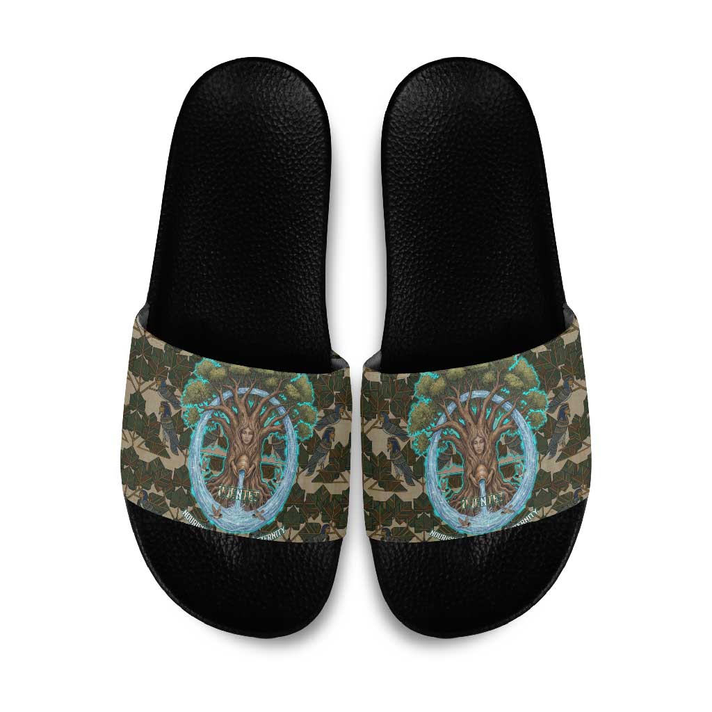 Imentet Egyptian Slide Sandals with Eye of Horus and Eternal Tree in Afterlife