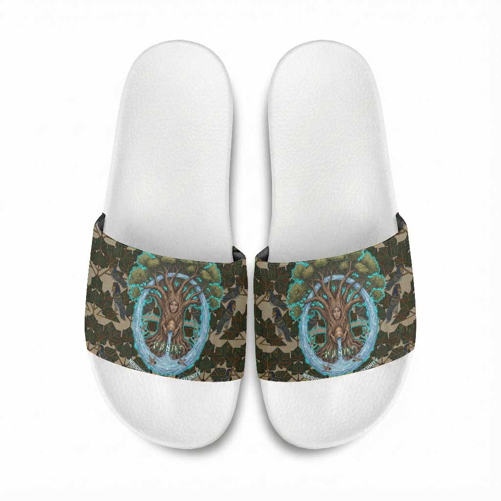 Imentet Egyptian Slide Sandals with Eye of Horus and Eternal Tree in Afterlife