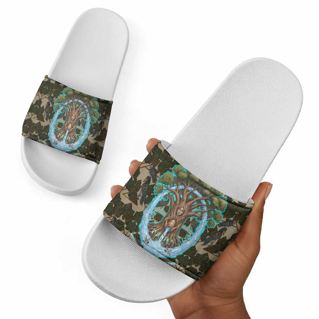 Imentet Egyptian Slide Sandals with Eye of Horus and Eternal Tree in Afterlife