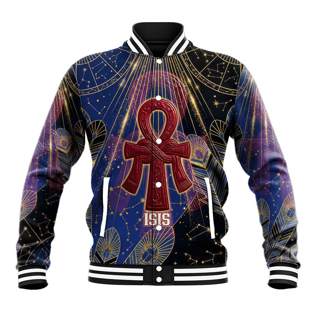 Isis Ankh Symbol Baseball Jacket with Celestial Wings in Ancient Egyptian Cosmic