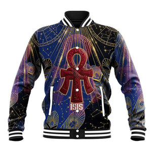 Isis Ankh Symbol Baseball Jacket with Celestial Wings in Ancient Egyptian Cosmic