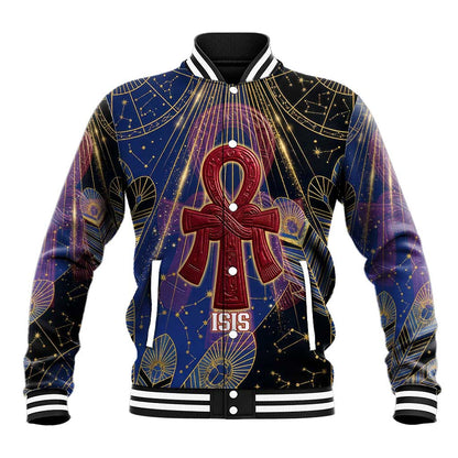 Isis Ankh Symbol Baseball Jacket with Celestial Wings in Ancient Egyptian Cosmic