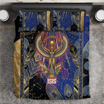 Isis Ankh Symbol Bedding Set with Celestial Wings in Ancient Egyptian Cosmic