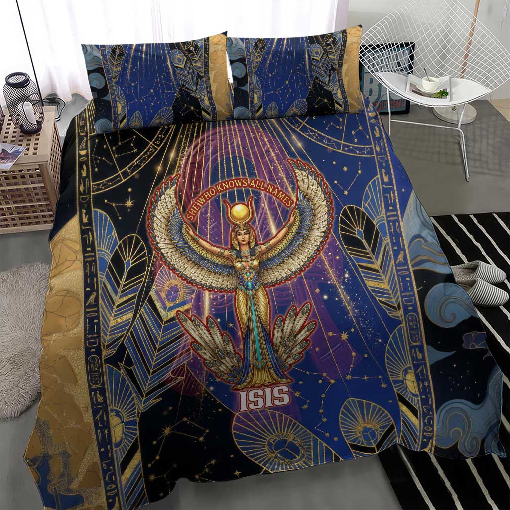 Isis Ankh Symbol Bedding Set with Celestial Wings in Ancient Egyptian Cosmic