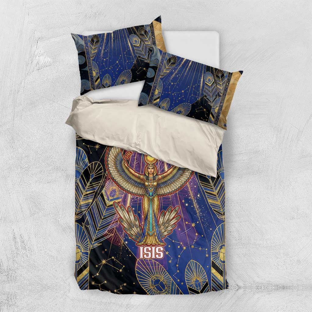 Isis Ankh Symbol Bedding Set with Celestial Wings in Ancient Egyptian Cosmic