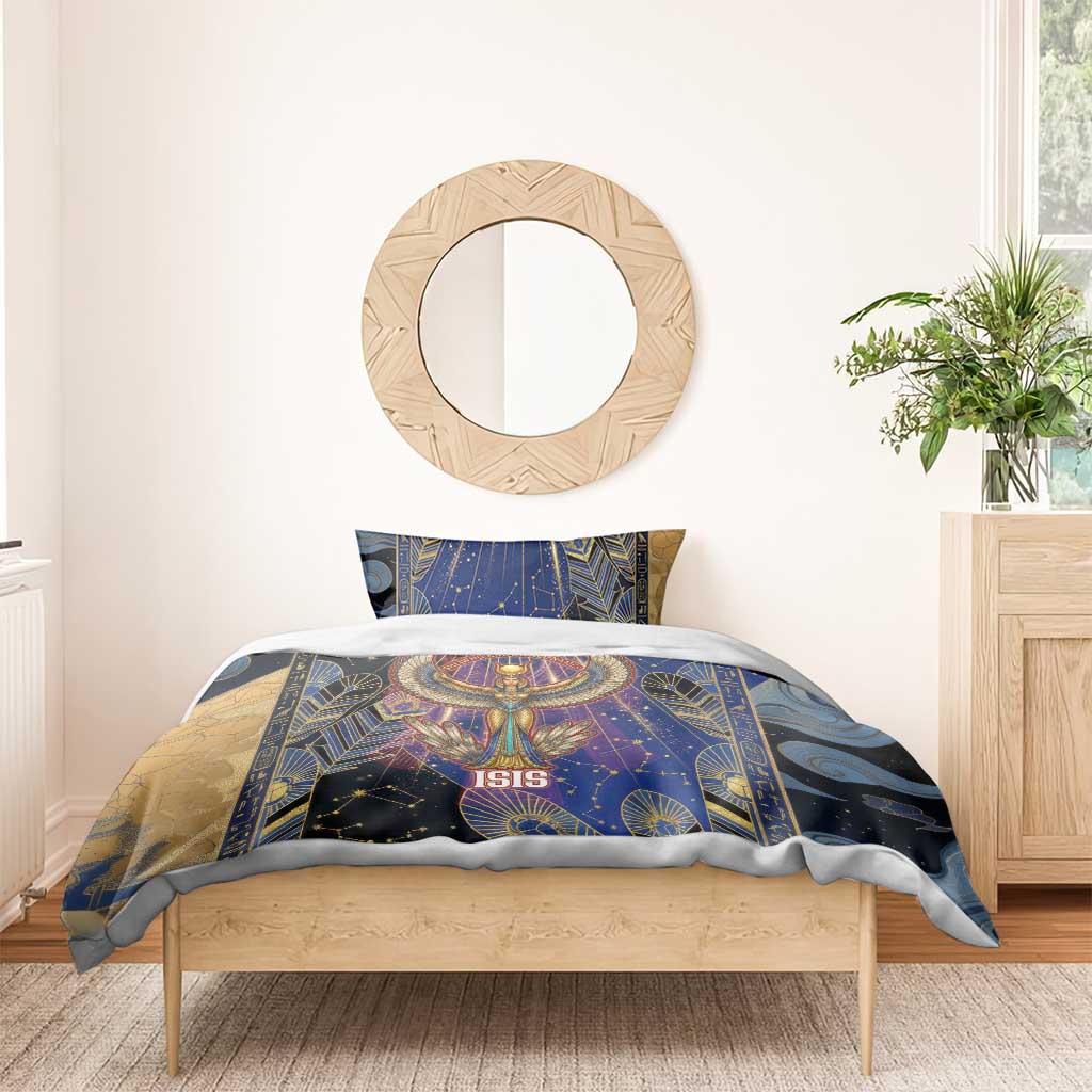 Isis Ankh Symbol Bedding Set with Celestial Wings in Ancient Egyptian Cosmic