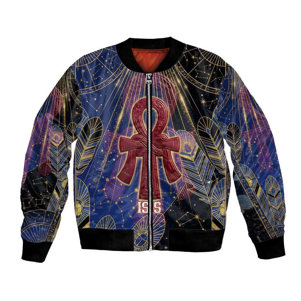 Isis Ankh Symbol Bomber Jacket with Celestial Wings in Ancient Egyptian Cosmic