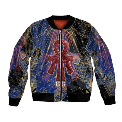 Isis Ankh Symbol Bomber Jacket with Celestial Wings in Ancient Egyptian Cosmic