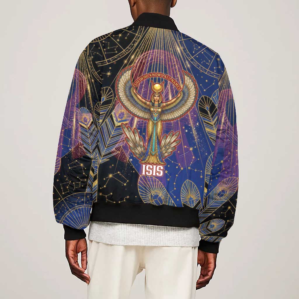 Isis Ankh Symbol Bomber Jacket with Celestial Wings in Ancient Egyptian Cosmic