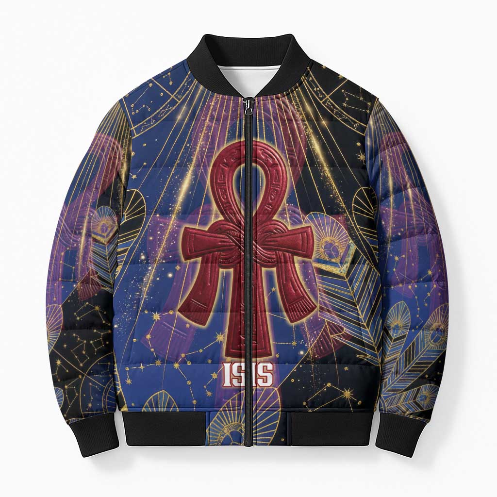 Isis Ankh Symbol Bomber Puffer Jacket with Celestial Wings in Ancient Egyptian Cosmic