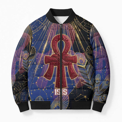 Isis Ankh Symbol Bomber Puffer Jacket with Celestial Wings in Ancient Egyptian Cosmic
