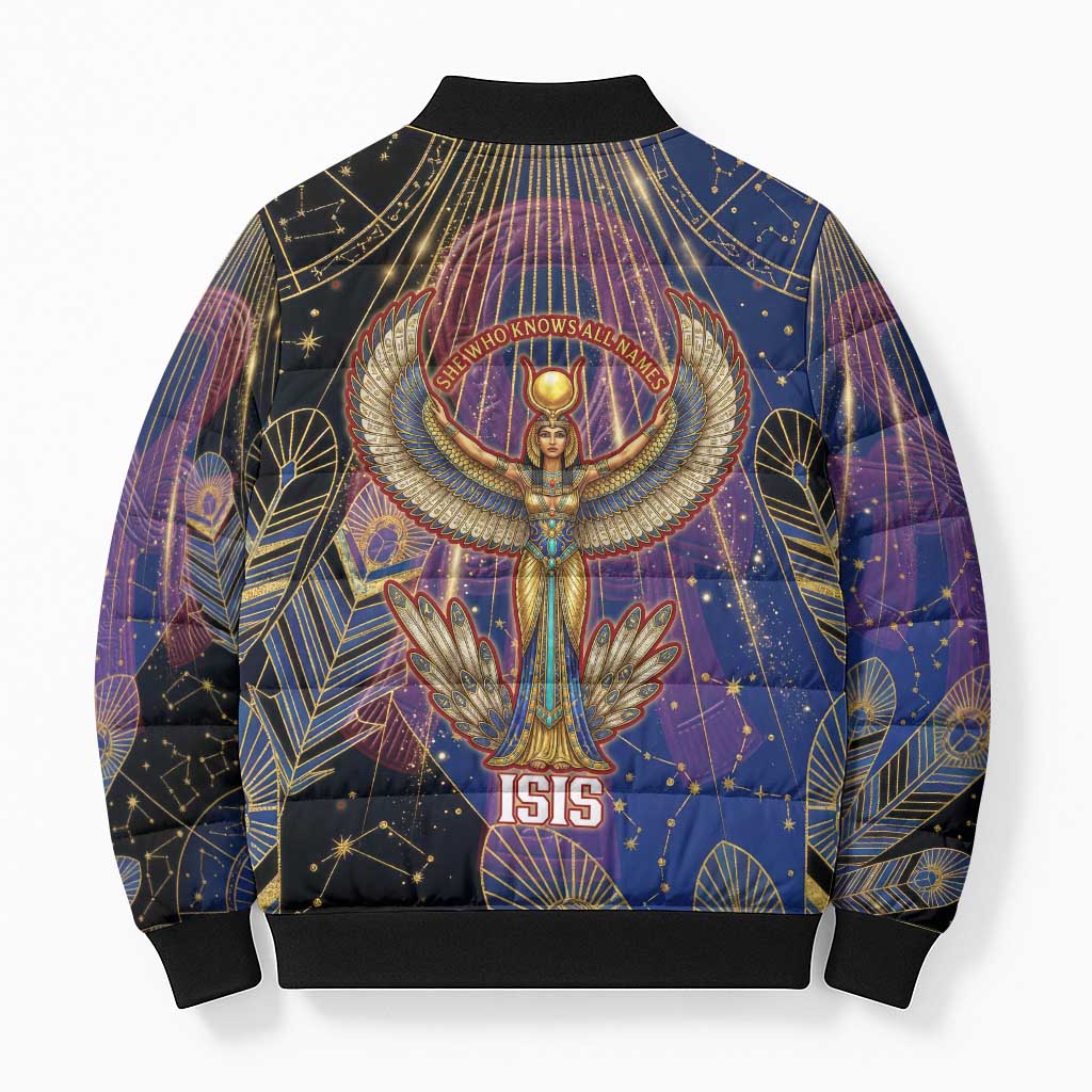 Isis Ankh Symbol Bomber Puffer Jacket with Celestial Wings in Ancient Egyptian Cosmic