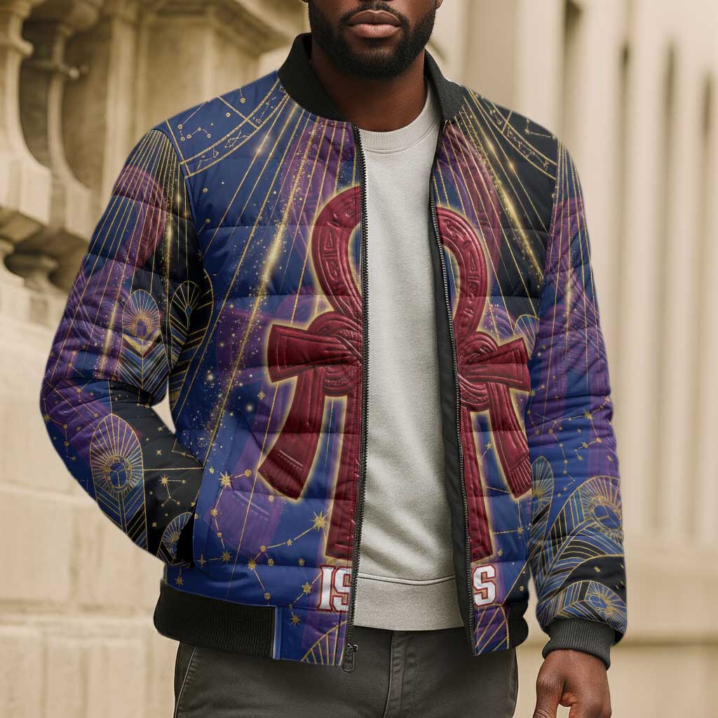 Isis Ankh Symbol Bomber Puffer Jacket with Celestial Wings in Ancient Egyptian Cosmic