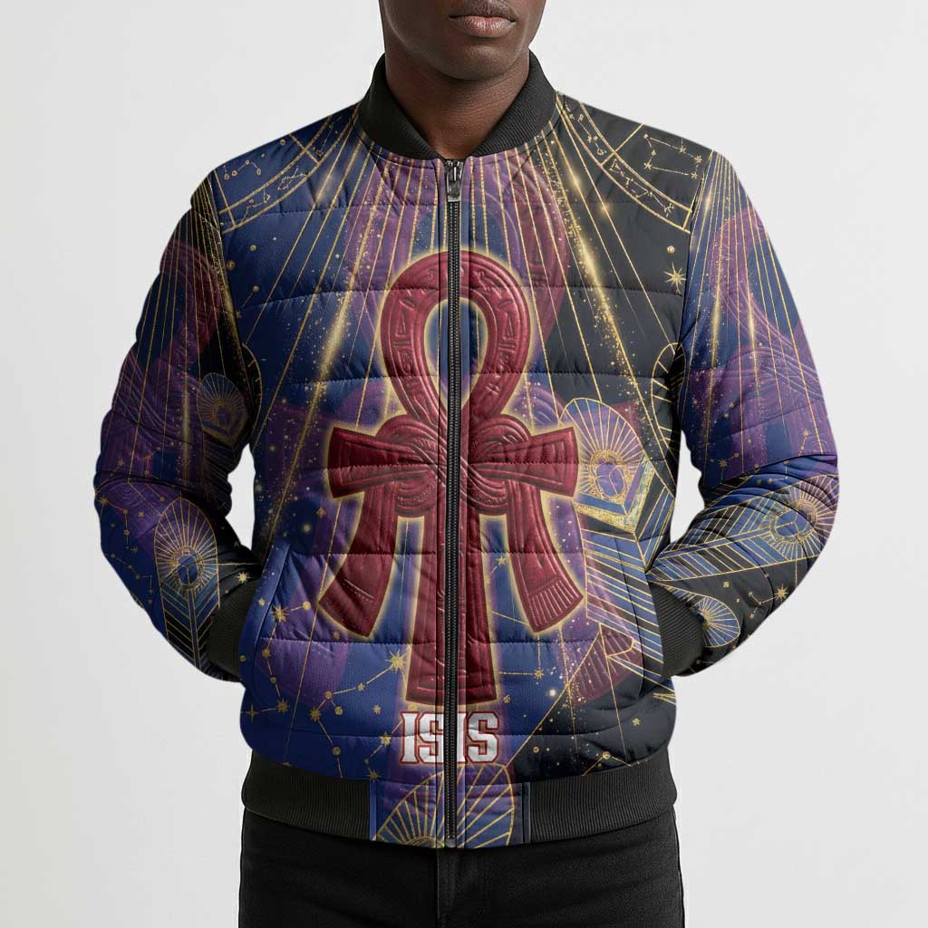 Isis Ankh Symbol Bomber Puffer Jacket with Celestial Wings in Ancient Egyptian Cosmic