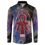 Isis Ankh Symbol Button Sweatshirt with Celestial Wings in Ancient Egyptian Cosmic