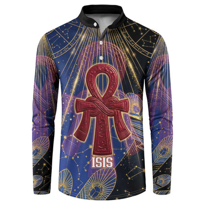 Isis Ankh Symbol Button Sweatshirt with Celestial Wings in Ancient Egyptian Cosmic