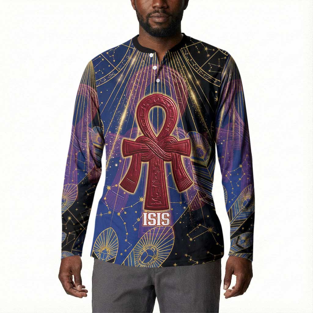 Isis Ankh Symbol Button Sweatshirt with Celestial Wings in Ancient Egyptian Cosmic