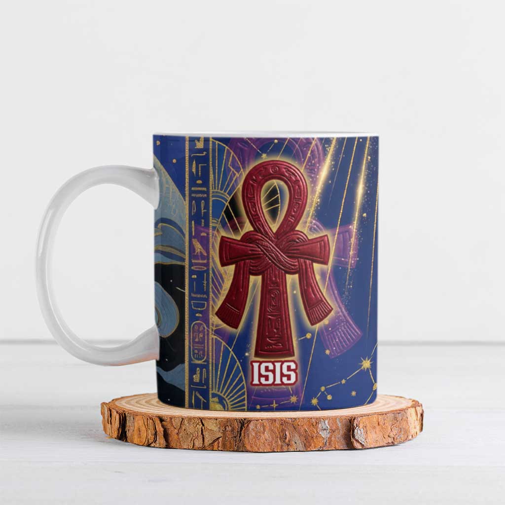 Isis Ankh Symbol Ceramic Mug with Celestial Wings in Ancient Egyptian Cosmic