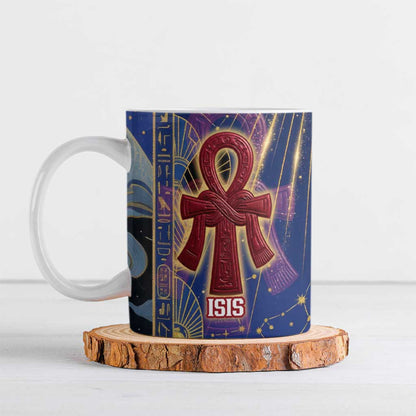 Isis Ankh Symbol Ceramic Mug with Celestial Wings in Ancient Egyptian Cosmic
