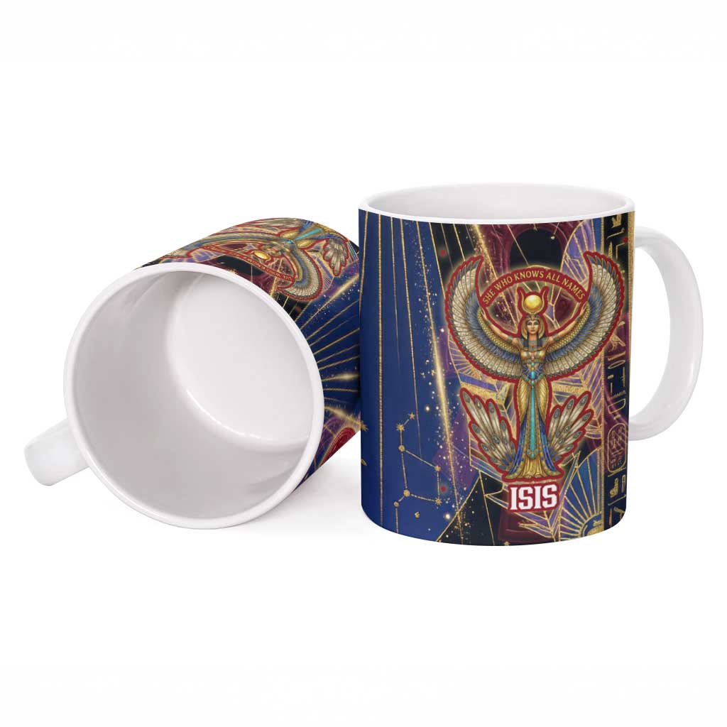 Isis Ankh Symbol Ceramic Mug with Celestial Wings in Ancient Egyptian Cosmic