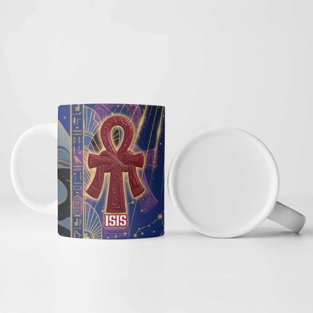 Isis Ankh Symbol Ceramic Mug with Celestial Wings in Ancient Egyptian Cosmic