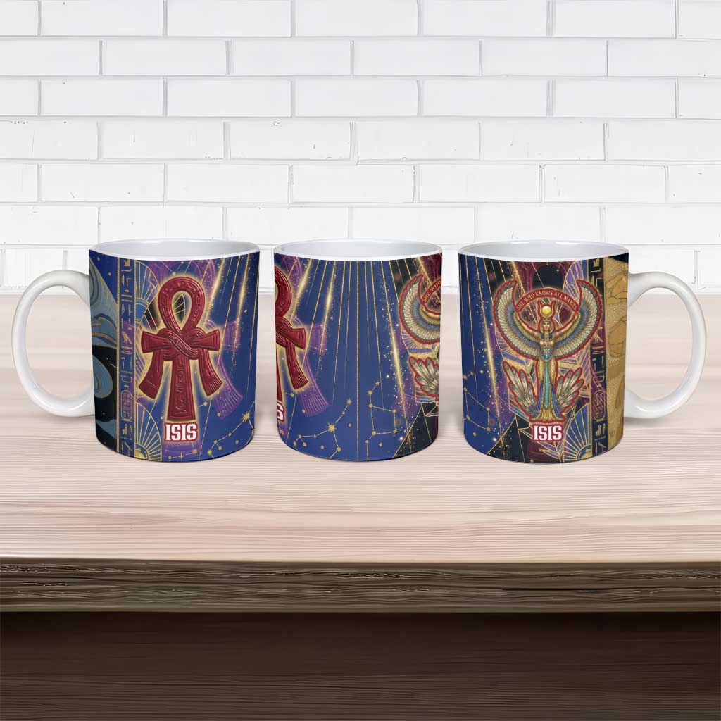 Isis Ankh Symbol Ceramic Mug with Celestial Wings in Ancient Egyptian Cosmic