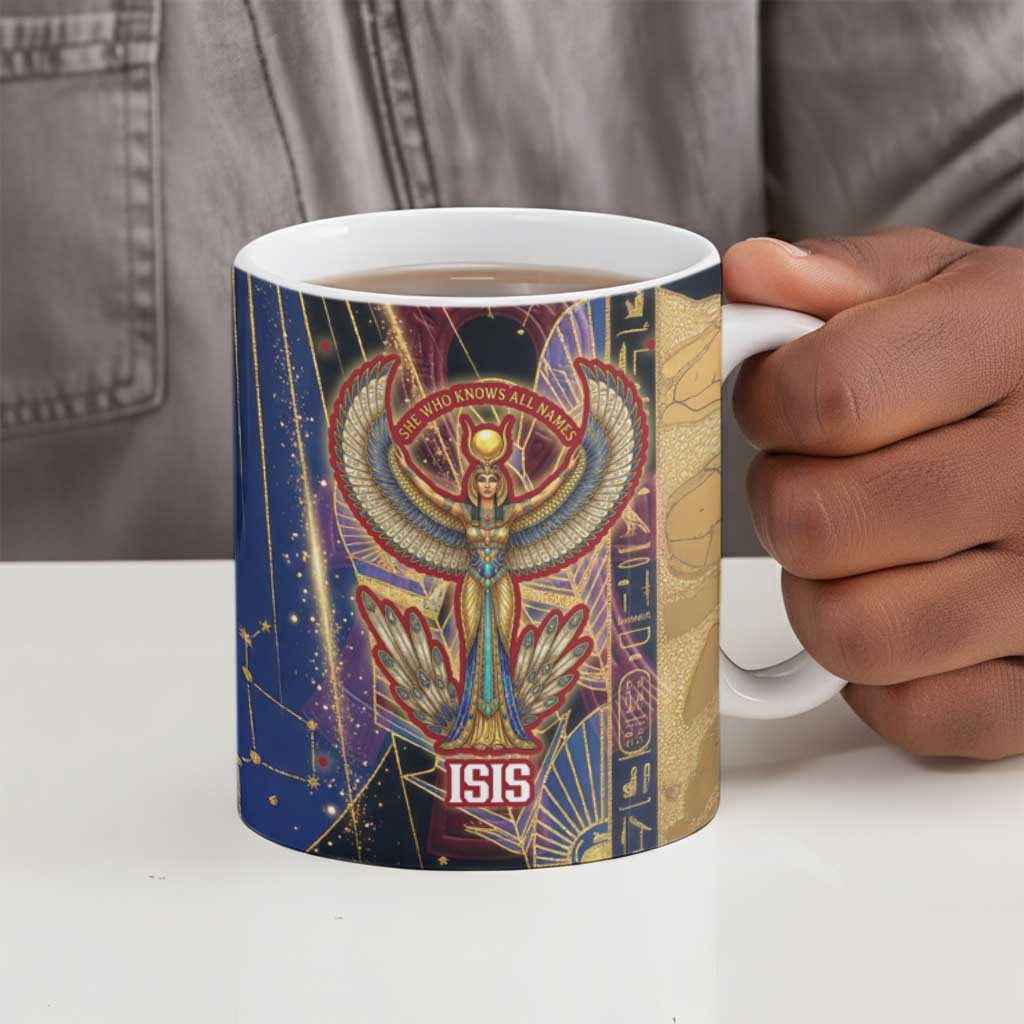 Isis Ankh Symbol Ceramic Mug with Celestial Wings in Ancient Egyptian Cosmic