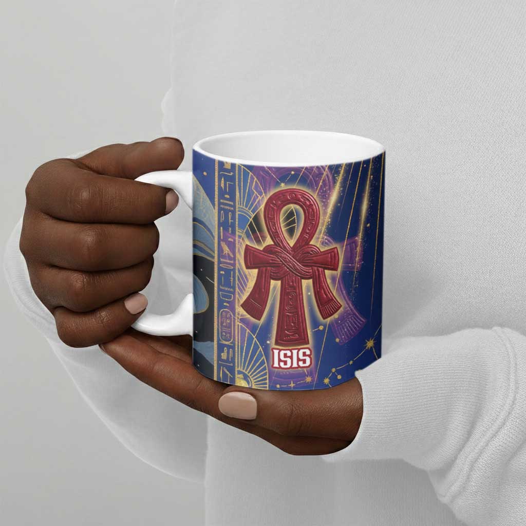 Isis Ankh Symbol Ceramic Mug with Celestial Wings in Ancient Egyptian Cosmic