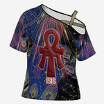 Isis Ankh Symbol Cross Shoulder Shirt with Celestial Wings in Ancient Egyptian Cosmic