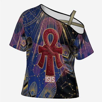 Isis Ankh Symbol Cross Shoulder Shirt with Celestial Wings in Ancient Egyptian Cosmic