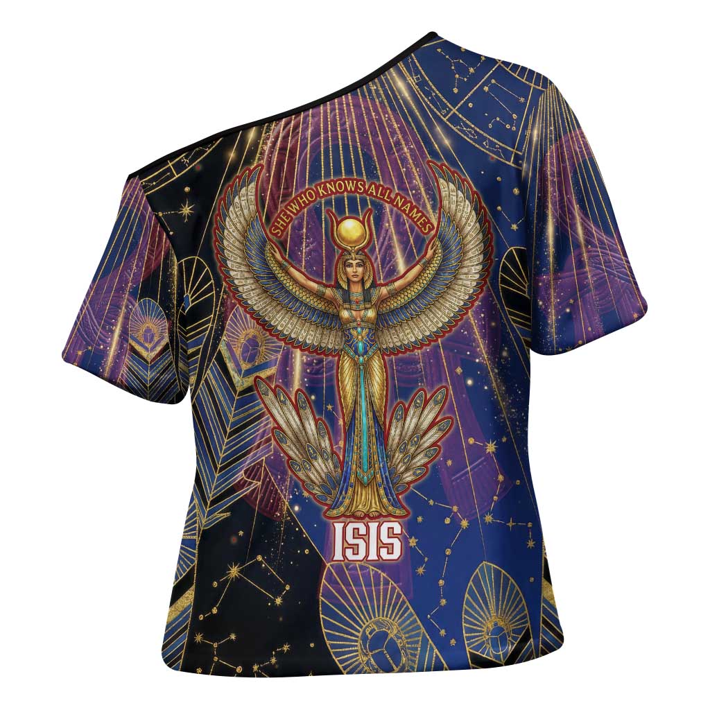 Isis Ankh Symbol Cross Shoulder Shirt with Celestial Wings in Ancient Egyptian Cosmic
