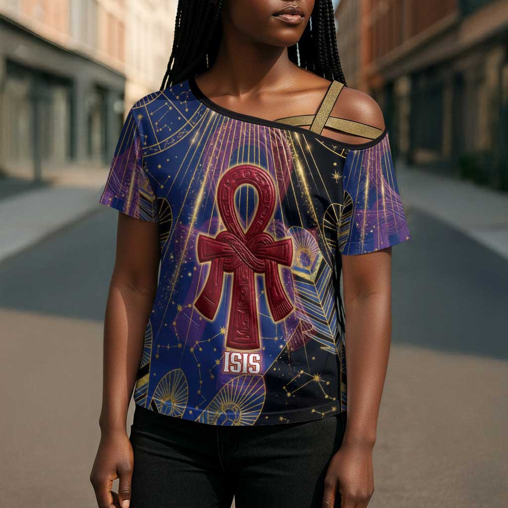 Isis Ankh Symbol Cross Shoulder Shirt with Celestial Wings in Ancient Egyptian Cosmic