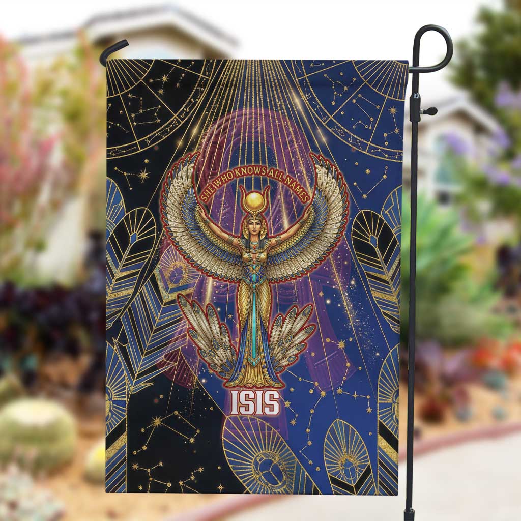 Isis Ankh Symbol Garden Flag with Celestial Wings in Ancient Egyptian Cosmic